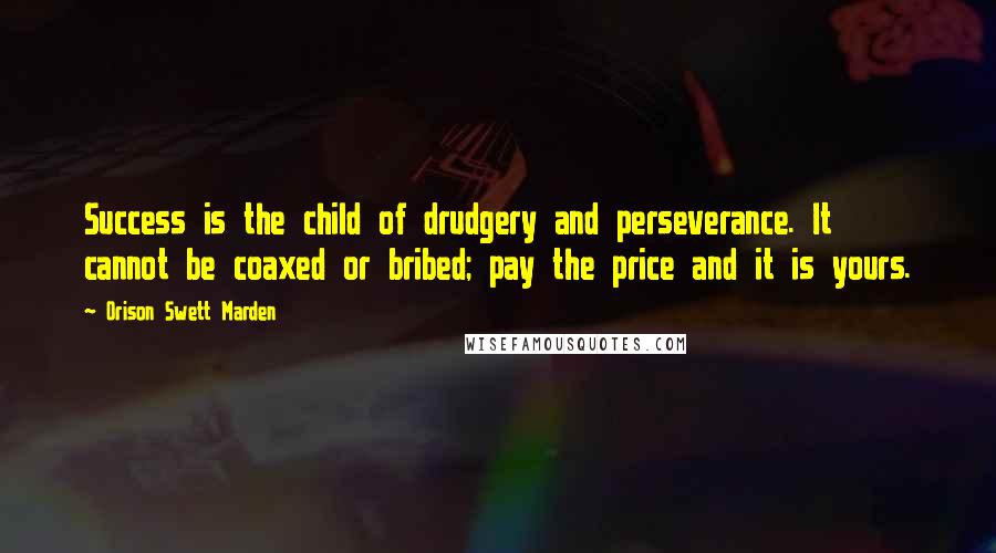 Orison Swett Marden Quotes: Success is the child of drudgery and perseverance. It cannot be coaxed or bribed; pay the price and it is yours.