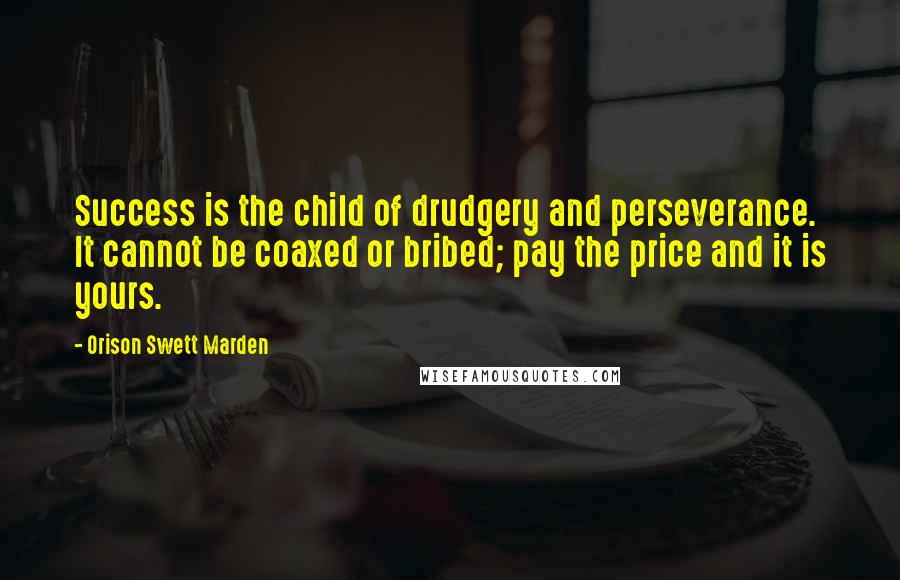 Orison Swett Marden Quotes: Success is the child of drudgery and perseverance. It cannot be coaxed or bribed; pay the price and it is yours.