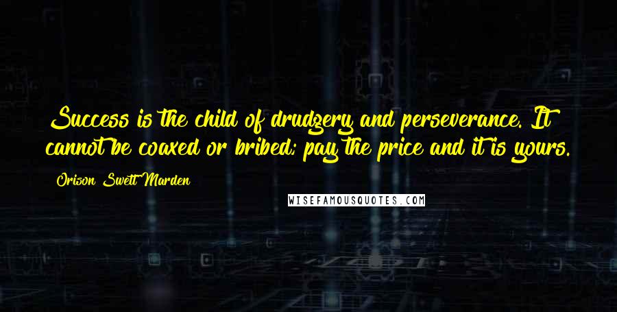 Orison Swett Marden Quotes: Success is the child of drudgery and perseverance. It cannot be coaxed or bribed; pay the price and it is yours.