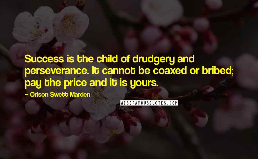 Orison Swett Marden Quotes: Success is the child of drudgery and perseverance. It cannot be coaxed or bribed; pay the price and it is yours.