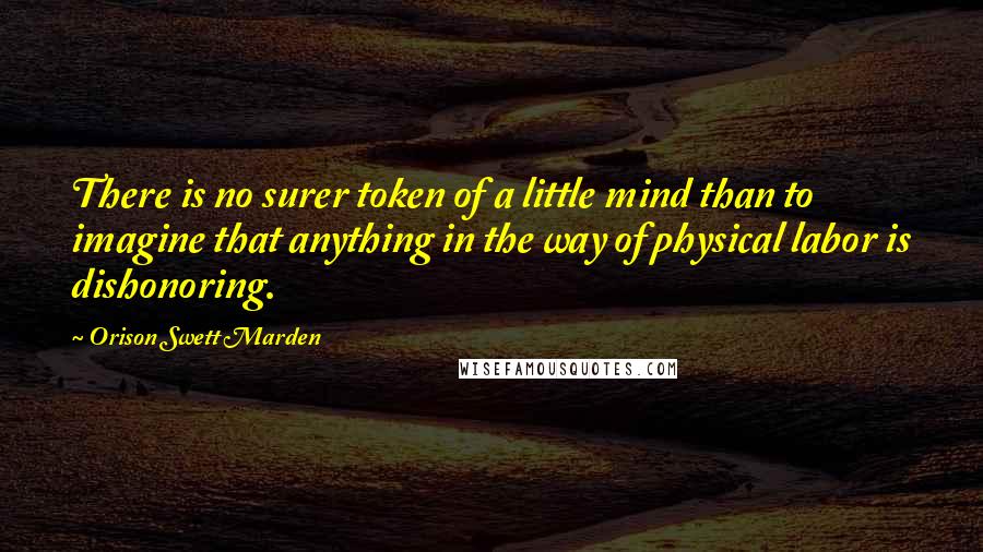 Orison Swett Marden Quotes: There is no surer token of a little mind than to imagine that anything in the way of physical labor is dishonoring.