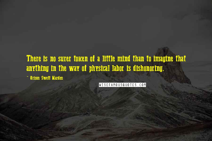 Orison Swett Marden Quotes: There is no surer token of a little mind than to imagine that anything in the way of physical labor is dishonoring.