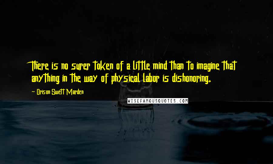 Orison Swett Marden Quotes: There is no surer token of a little mind than to imagine that anything in the way of physical labor is dishonoring.