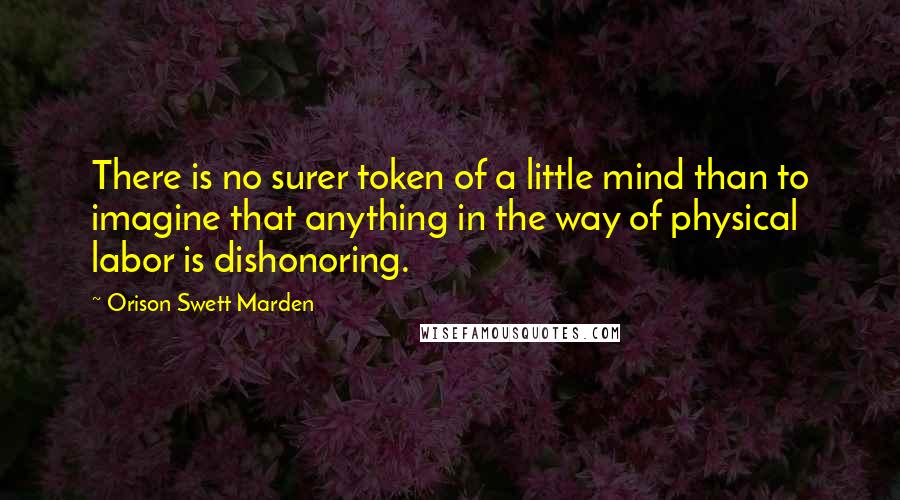 Orison Swett Marden Quotes: There is no surer token of a little mind than to imagine that anything in the way of physical labor is dishonoring.