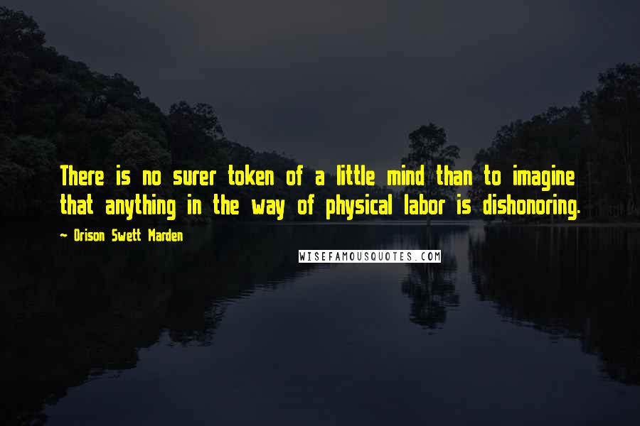 Orison Swett Marden Quotes: There is no surer token of a little mind than to imagine that anything in the way of physical labor is dishonoring.