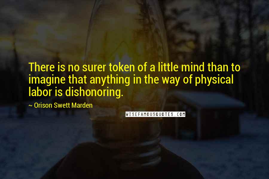 Orison Swett Marden Quotes: There is no surer token of a little mind than to imagine that anything in the way of physical labor is dishonoring.