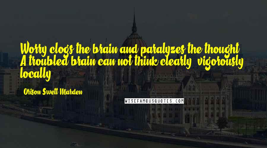 Orison Swett Marden Quotes: Worry clogs the brain and paralyzes the thought. A troubled brain can not think clearly, vigorously, locally.