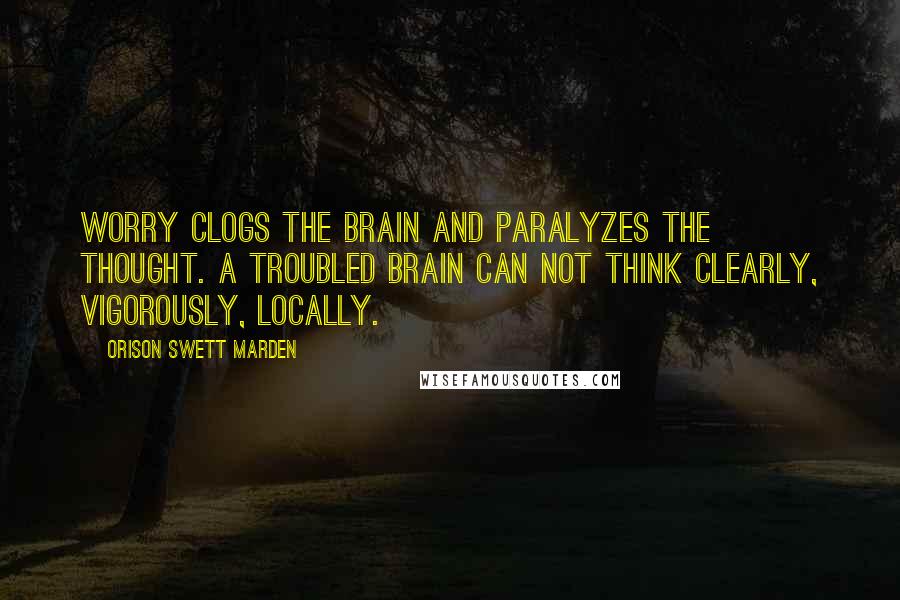 Orison Swett Marden Quotes: Worry clogs the brain and paralyzes the thought. A troubled brain can not think clearly, vigorously, locally.