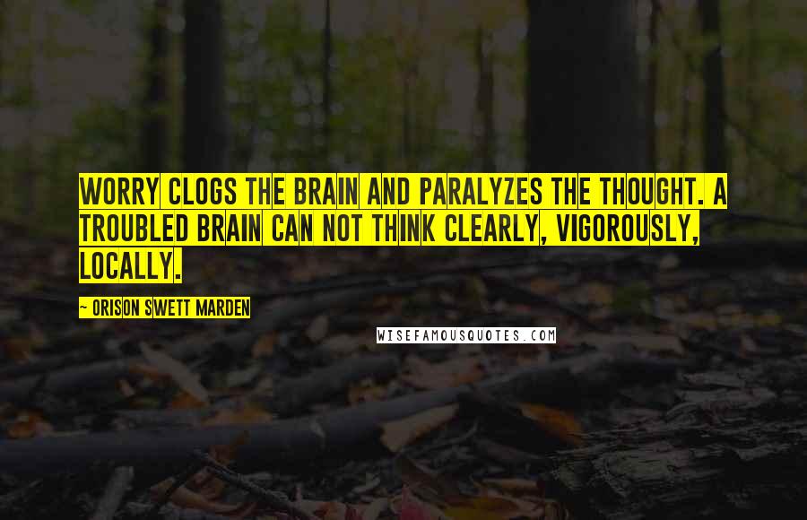 Orison Swett Marden Quotes: Worry clogs the brain and paralyzes the thought. A troubled brain can not think clearly, vigorously, locally.