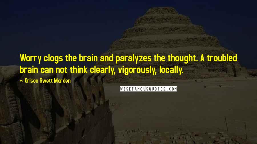 Orison Swett Marden Quotes: Worry clogs the brain and paralyzes the thought. A troubled brain can not think clearly, vigorously, locally.