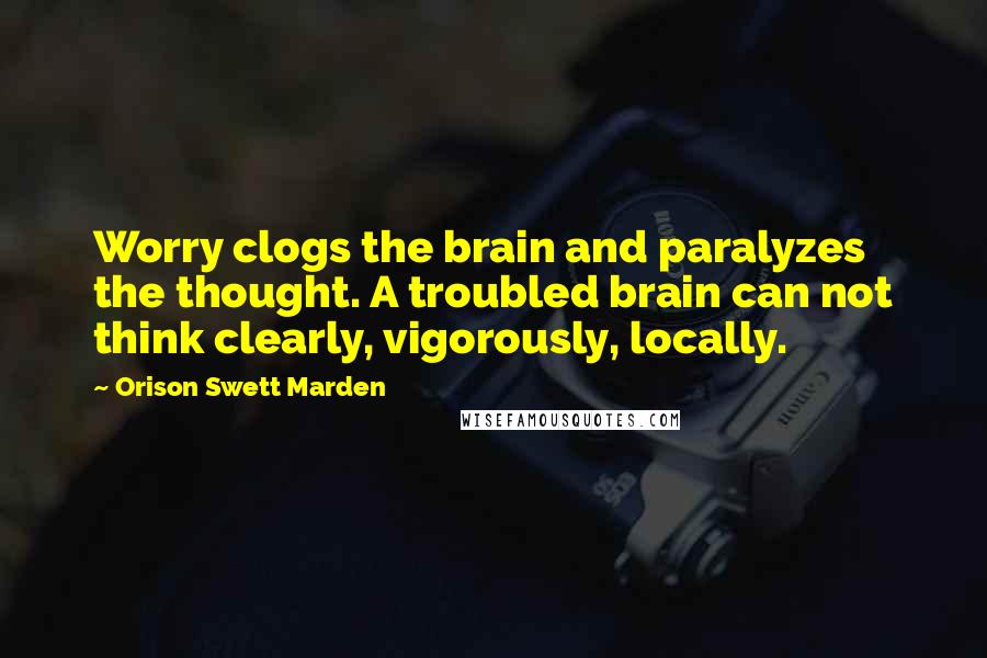 Orison Swett Marden Quotes: Worry clogs the brain and paralyzes the thought. A troubled brain can not think clearly, vigorously, locally.