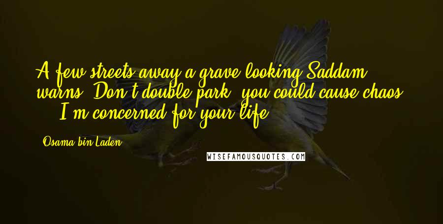 Osama Bin Laden Quotes: A few streets away a grave-looking Saddam warns: Don't double-park, you could cause chaos! ... I'm concerned for your life.