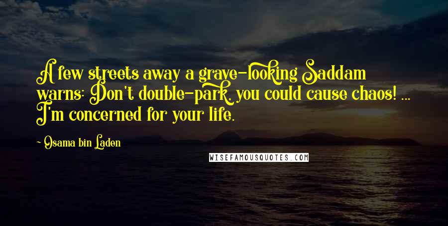 Osama Bin Laden Quotes: A few streets away a grave-looking Saddam warns: Don't double-park, you could cause chaos! ... I'm concerned for your life.