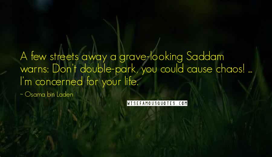 Osama Bin Laden Quotes: A few streets away a grave-looking Saddam warns: Don't double-park, you could cause chaos! ... I'm concerned for your life.