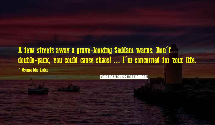 Osama Bin Laden Quotes: A few streets away a grave-looking Saddam warns: Don't double-park, you could cause chaos! ... I'm concerned for your life.