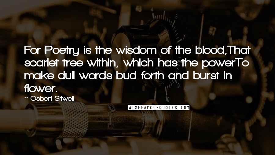Osbert Sitwell Quotes: For Poetry is the wisdom of the blood,That scarlet tree within, which has the powerTo make dull words bud forth and burst in flower.