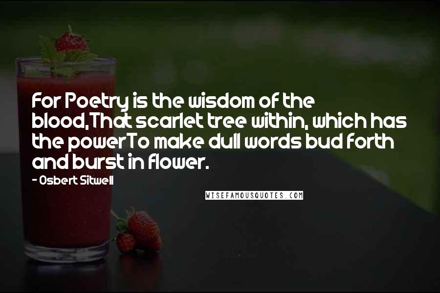 Osbert Sitwell Quotes: For Poetry is the wisdom of the blood,That scarlet tree within, which has the powerTo make dull words bud forth and burst in flower.