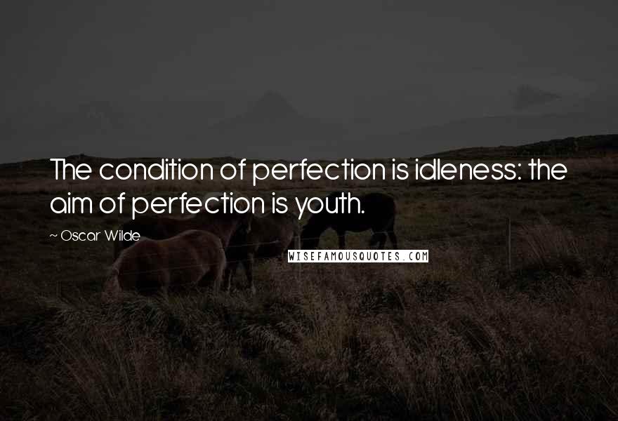 Oscar Wilde Quotes: The condition of perfection is idleness: the aim of perfection is youth.