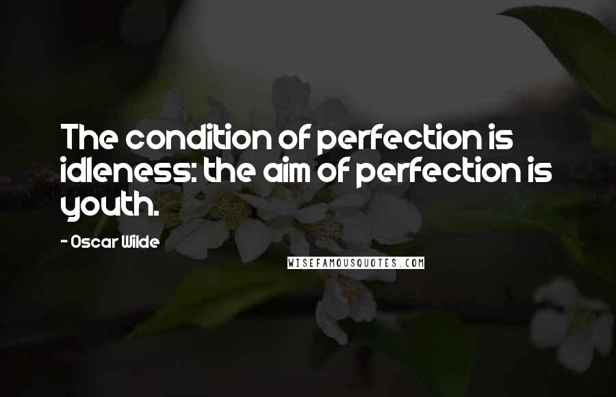 Oscar Wilde Quotes: The condition of perfection is idleness: the aim of perfection is youth.