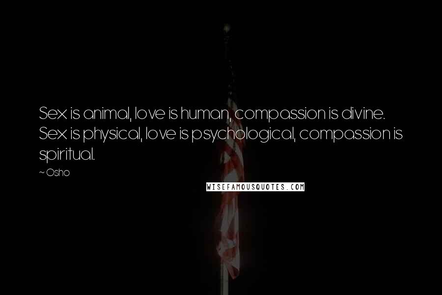 Osho Quotes: Sex is animal, love is human, compassion is divine. Sex is physical, love is psychological, compassion is spiritual.