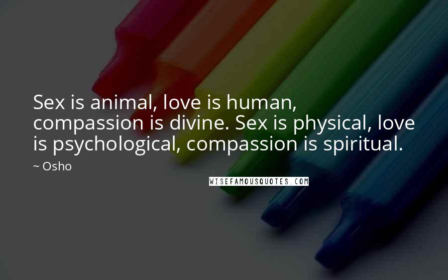 Osho Quotes: Sex is animal, love is human, compassion is divine. Sex is physical, love is psychological, compassion is spiritual.