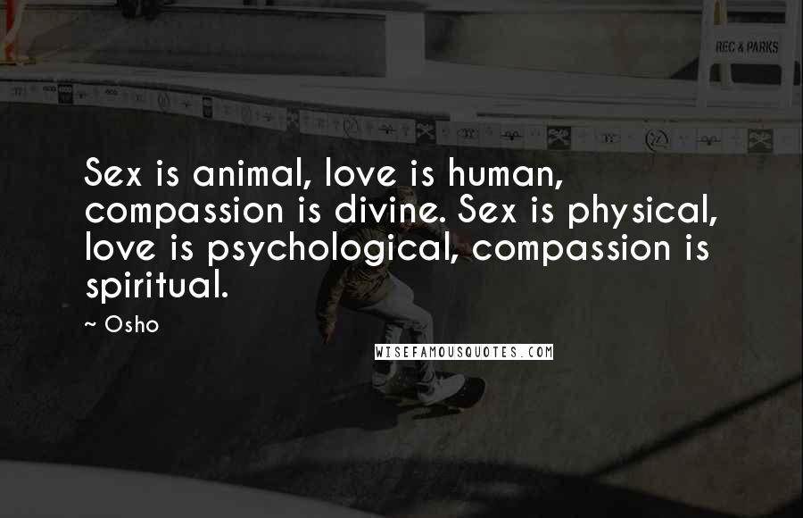 Osho Quotes: Sex is animal, love is human, compassion is divine. Sex is physical, love is psychological, compassion is spiritual.