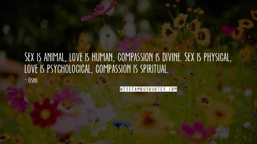 Osho Quotes: Sex is animal, love is human, compassion is divine. Sex is physical, love is psychological, compassion is spiritual.