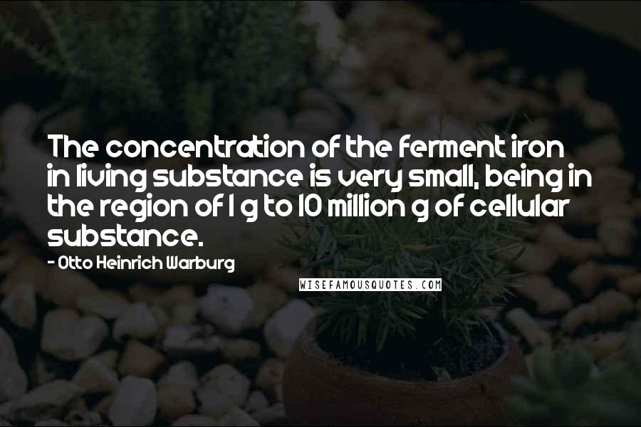 Otto Heinrich Warburg Quotes: The concentration of the ferment iron in living substance is very small, being in the region of 1 g to 10 million g of cellular substance.