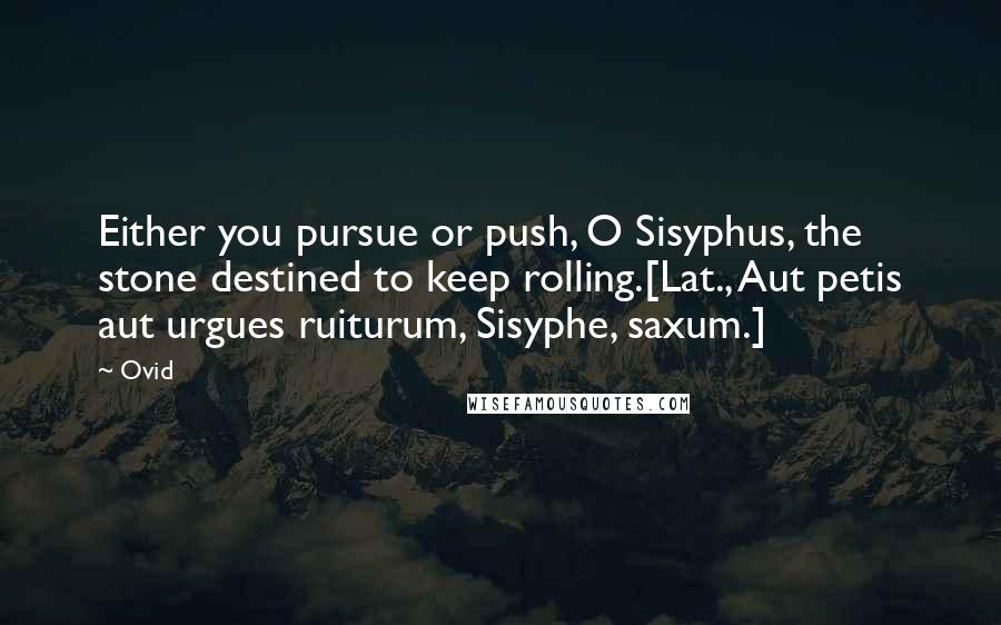 Ovid Quotes: Either you pursue or push, O Sisyphus, the stone destined to keep rolling.[Lat., Aut petis aut urgues ruiturum, Sisyphe, saxum.]