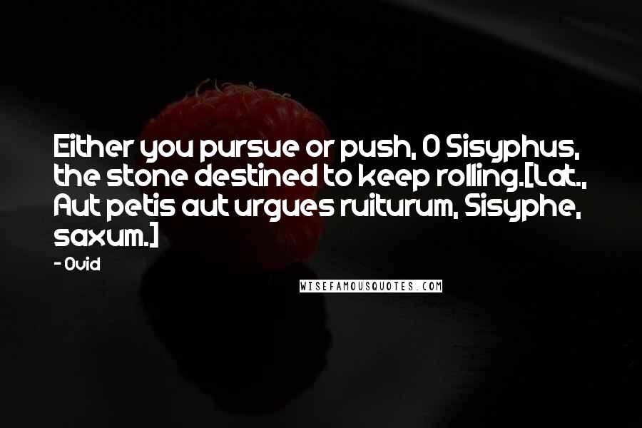 Ovid Quotes: Either you pursue or push, O Sisyphus, the stone destined to keep rolling.[Lat., Aut petis aut urgues ruiturum, Sisyphe, saxum.]