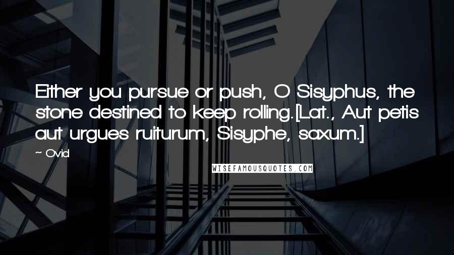 Ovid Quotes: Either you pursue or push, O Sisyphus, the stone destined to keep rolling.[Lat., Aut petis aut urgues ruiturum, Sisyphe, saxum.]