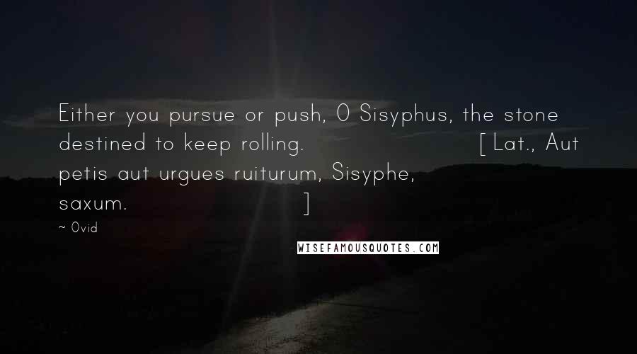 Ovid Quotes: Either you pursue or push, O Sisyphus, the stone destined to keep rolling.[Lat., Aut petis aut urgues ruiturum, Sisyphe, saxum.]