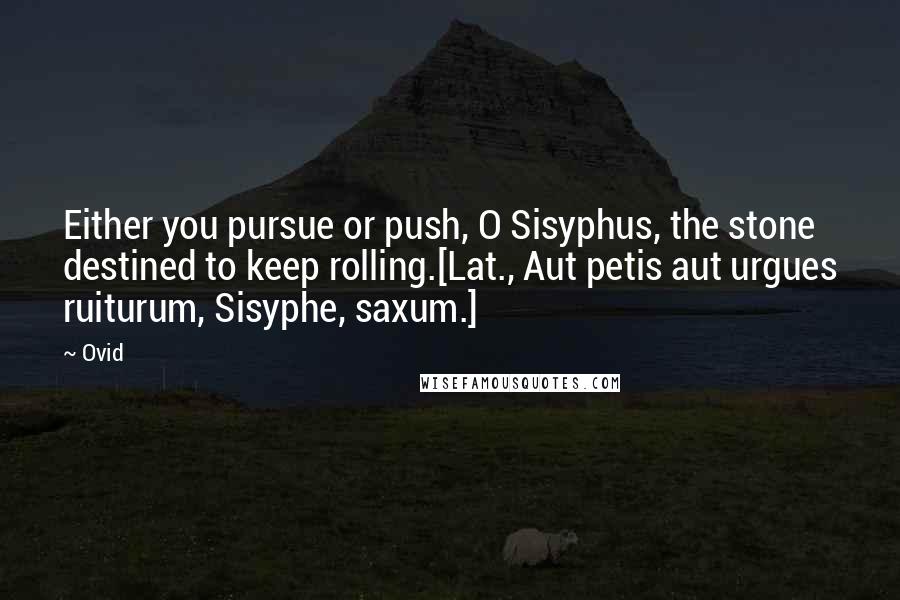 Ovid Quotes: Either you pursue or push, O Sisyphus, the stone destined to keep rolling.[Lat., Aut petis aut urgues ruiturum, Sisyphe, saxum.]