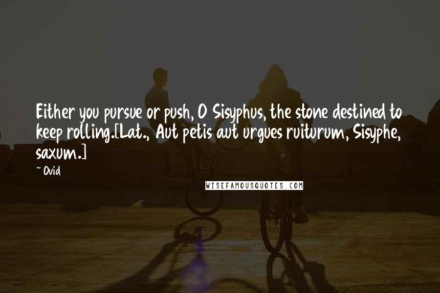 Ovid Quotes: Either you pursue or push, O Sisyphus, the stone destined to keep rolling.[Lat., Aut petis aut urgues ruiturum, Sisyphe, saxum.]