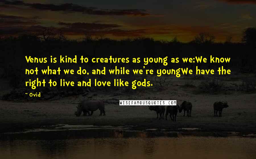 Ovid Quotes: Venus is kind to creatures as young as we;We know not what we do, and while we're youngWe have the right to live and love like gods.