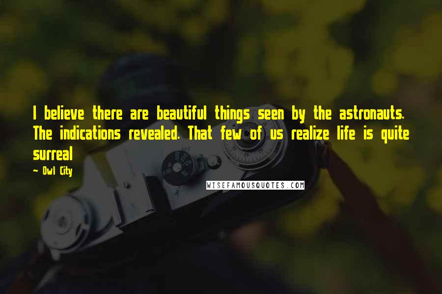 Owl City Quotes: I believe there are beautiful things seen by the astronauts. The indications revealed. That few of us realize life is quite surreal
