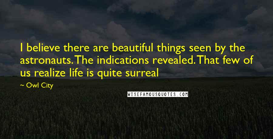 Owl City Quotes: I believe there are beautiful things seen by the astronauts. The indications revealed. That few of us realize life is quite surreal