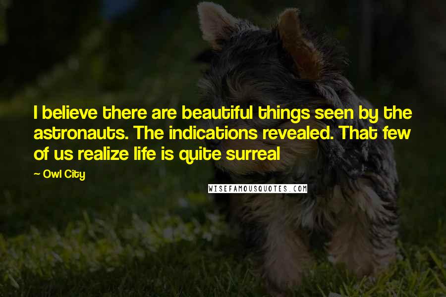 Owl City Quotes: I believe there are beautiful things seen by the astronauts. The indications revealed. That few of us realize life is quite surreal