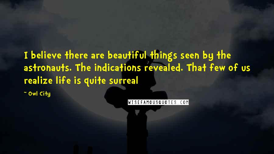 Owl City Quotes: I believe there are beautiful things seen by the astronauts. The indications revealed. That few of us realize life is quite surreal
