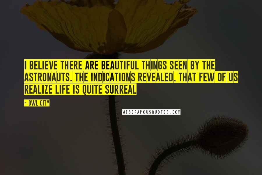 Owl City Quotes: I believe there are beautiful things seen by the astronauts. The indications revealed. That few of us realize life is quite surreal