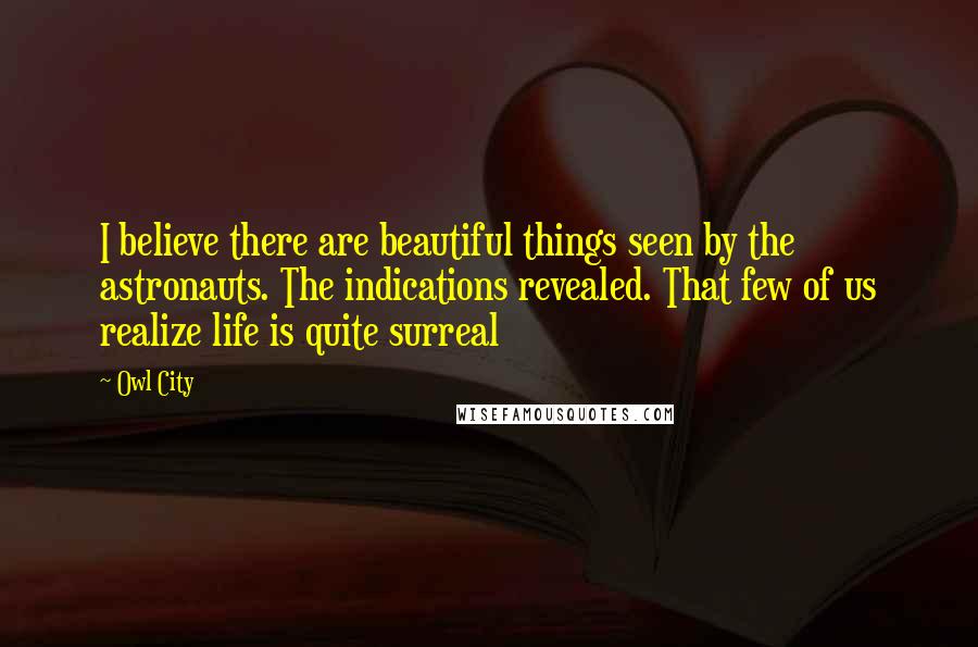 Owl City Quotes: I believe there are beautiful things seen by the astronauts. The indications revealed. That few of us realize life is quite surreal