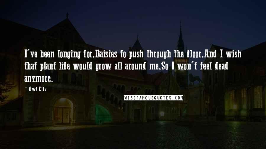 Owl City Quotes: I've been longing for,Daisies to push through the floor,And I wish that plant life would grow all around me,So I won't feel dead anymore.