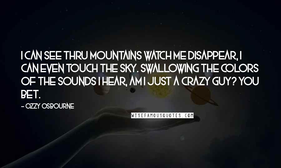 Ozzy Osbourne Quotes: I can see thru mountains watch me disappear, I can even touch the sky. Swallowing the colors of the sounds I hear, am I just a crazy guy? You bet.