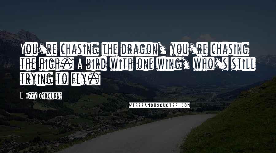 Ozzy Osbourne Quotes: You're chasing the dragon, you're chasing the high. A bird with one wing, who's still trying to fly.