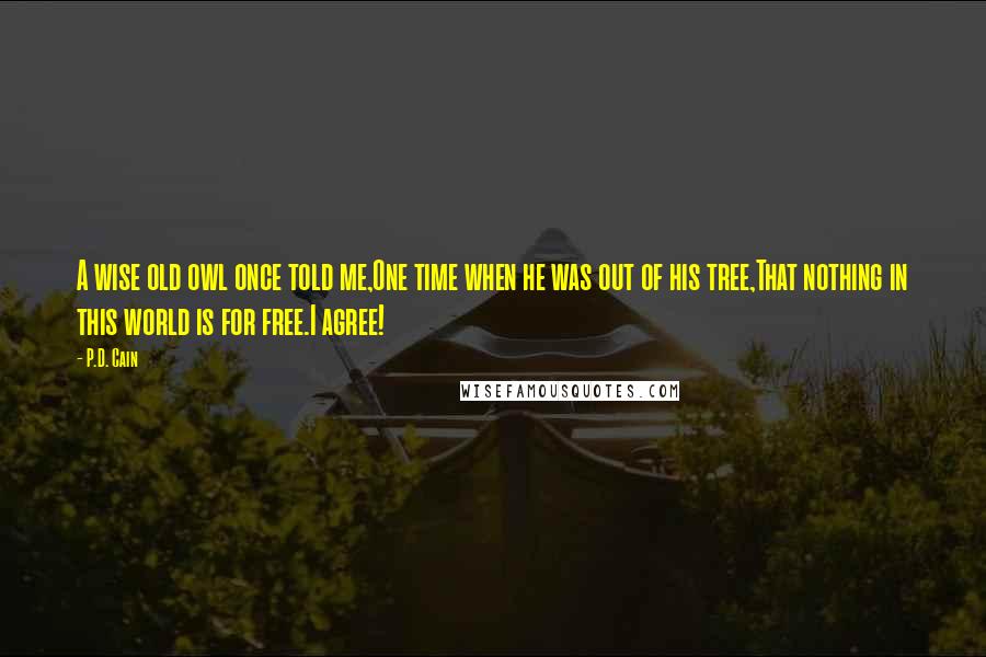 P.D. Cain Quotes: A wise old owl once told me,One time when he was out of his tree,That nothing in this world is for free.I agree!