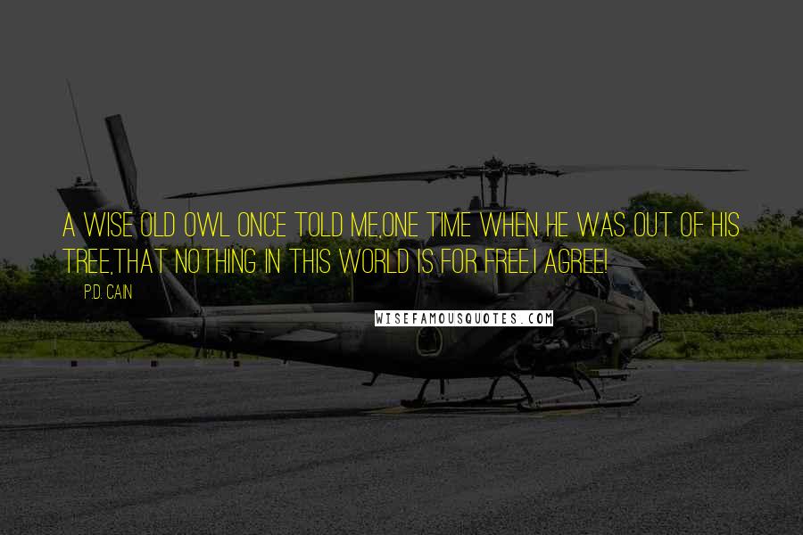 P.D. Cain Quotes: A wise old owl once told me,One time when he was out of his tree,That nothing in this world is for free.I agree!