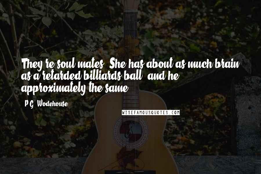 P.G. Wodehouse Quotes: They're soul mates. She has about as much brain as a retarded billiards ball, and he approximately the same.