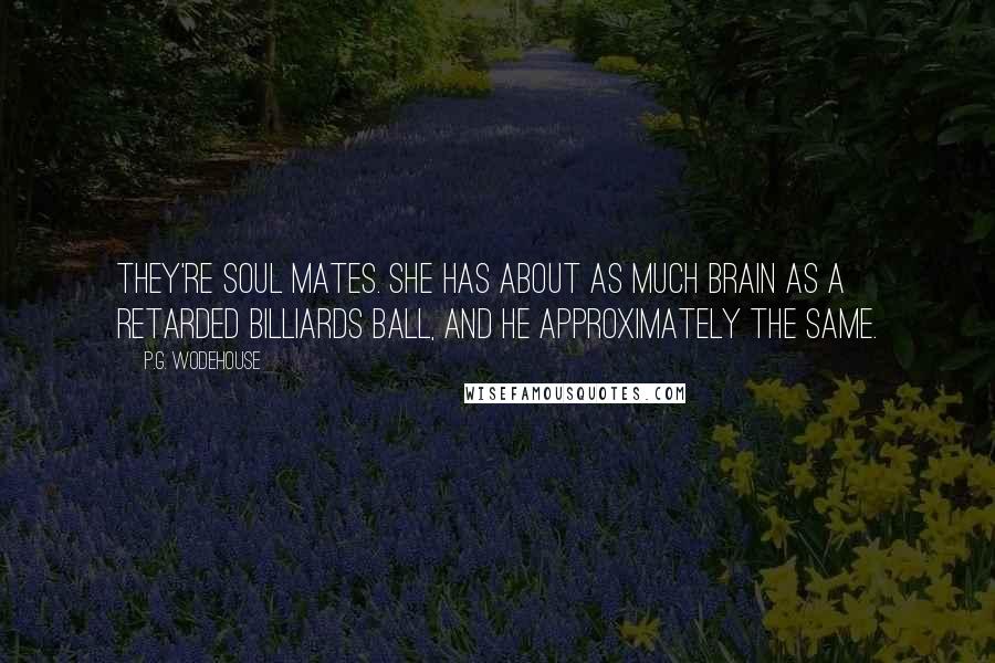 P.G. Wodehouse Quotes: They're soul mates. She has about as much brain as a retarded billiards ball, and he approximately the same.