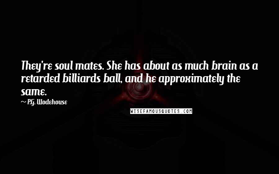 P.G. Wodehouse Quotes: They're soul mates. She has about as much brain as a retarded billiards ball, and he approximately the same.