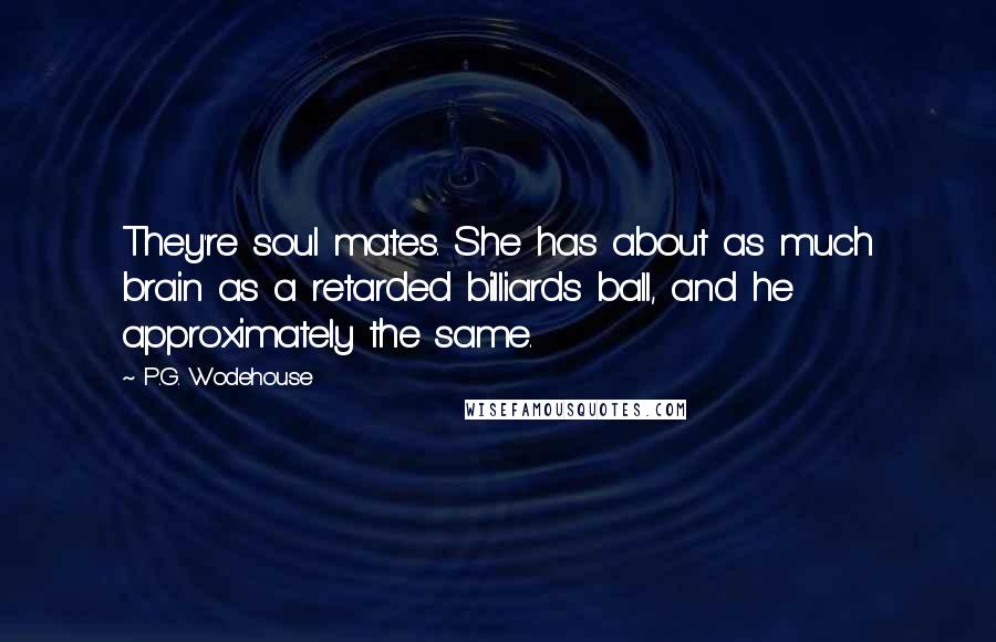 P.G. Wodehouse Quotes: They're soul mates. She has about as much brain as a retarded billiards ball, and he approximately the same.